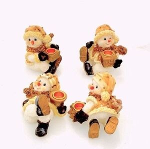 4x Snowman Candle Holder Ceramic Gold Glitter Christmas Decor Set 4" NIB